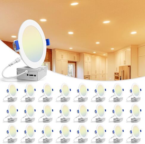 VOLISUN 24 Pack 6 inch Recessed Lighting, 5CCT LED Recessed Light with Junction Box, 2700K-5000K Selectable, 13W Eqv 120W, 1080LM Dimmable Canless Wafer Downlight, LED Ceiling Light ETL Certificated in Saudi Arabia