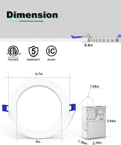 VOLISUN 24 Pack 6 inch Recessed Lighting, 5CCT LED Recessed Light with Junction Box, 2700K-5000K Selectable, 13W Eqv 120W, 1080LM Dimmable Canless Wafer Downlight, LED Ceiling Light ETL Certificated in Saudi Arabia