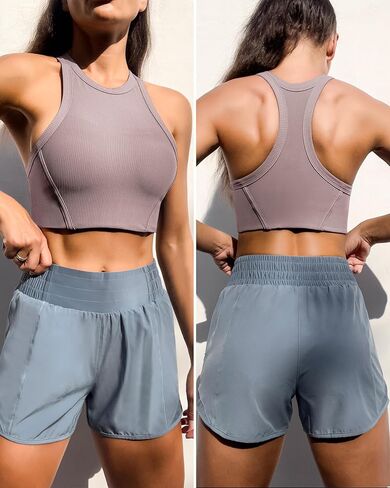 حمالة صدر رياضية للسيدات من AVGO بتصميم Racerback، ملابس رياضية مضلعة مع حمالة صدر مدمجة، ملابس علوية للتمرين برقبة عالية in Kuwait