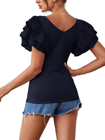 Vrtige Women's V Neck Ruffle Cap Sleeve Summer Blouse Top Shirt in Kuwait