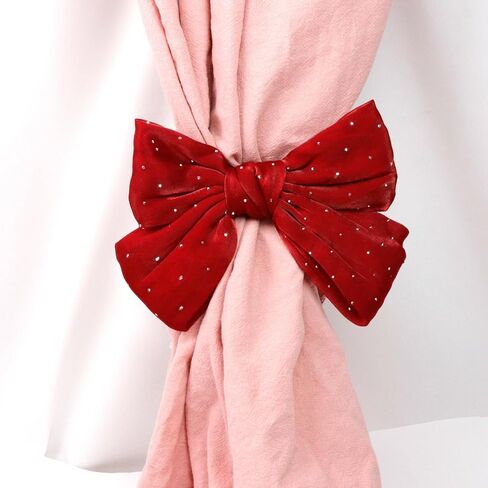 Bowknot الستار Tiebacks الحلو الستار Holdbacks القوس حامل الستار مشبك مشبك مع الزينة حبة للديكور المنزل، شفافة، الستائر، 2 حزمة، الشيفون، الأحمر in Saudi Arabia