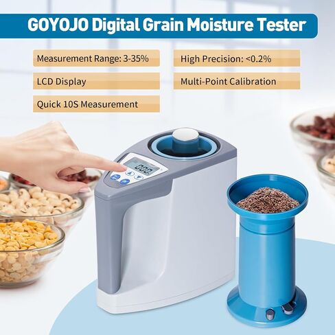 جهاز اختبار الرطوبة المحمول GOYOJO محلل رطوبة الحبوب نطاق قياس 3-35% دقة 0.1% 20 نوعًا من الحبوب الرقمية بما في ذلك. القمح والذرة والأرز وشاشة LCD ومقياس رطوبة المحاصيل in Kuwait
