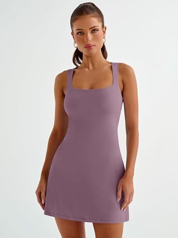 فستان نسائي قصير بياقة مربعة قابل للتمدد مع شورت مدمج in Kuwait