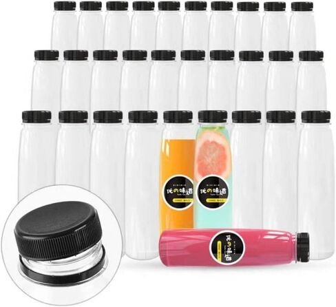48 Pack Empty PET Plastic Juice Bottles 8 OZ Clear Disposable Bulk Plastic Bottles for Liquids with Black Tamper Evident Caps (8 OZ, Black) in Saudi Arabia