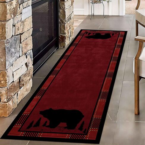Lodge Cabin Black Bear Runner Rug, 2x6ft, Wildlife Bear Forest Woodland Hallway Rugs, Red and Black Buffalo Plaid Border Long Runner, Non-Slip Washable Farmhouse Floor Mats for Kitchen Bedroom in Saudi Arabia