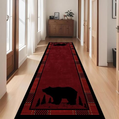Lodge Cabin Black Bear Runner Rug, 2x6ft, Wildlife Bear Forest Woodland Hallway Rugs, Red and Black Buffalo Plaid Border Long Runner, Non-Slip Washable Farmhouse Floor Mats for Kitchen Bedroom in Saudi Arabia