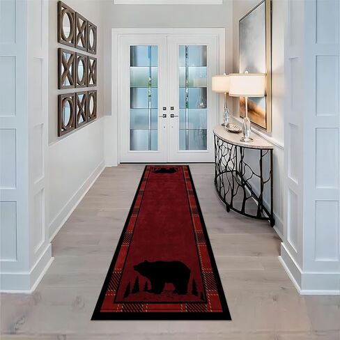 Lodge Cabin Black Bear Runner Rug, 2x6ft, Wildlife Bear Forest Woodland Hallway Rugs, Red and Black Buffalo Plaid Border Long Runner, Non-Slip Washable Farmhouse Floor Mats for Kitchen Bedroom in Saudi Arabia
