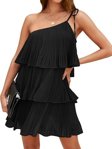 DEEP SELF Women's Summer One Shoulder Chiffon Mini Dress Casual Ruffle Pleated Tiered Flowy Short Dresses in Kuwait