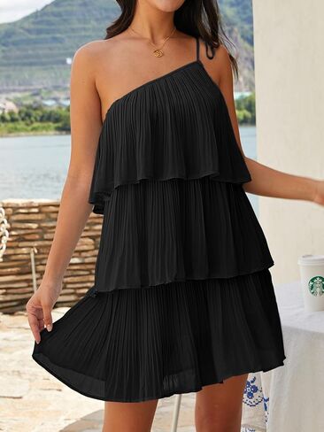 DEEP SELF Women's Summer One Shoulder Chiffon Mini Dress Casual Ruffle Pleated Tiered Flowy Short Dresses in Kuwait