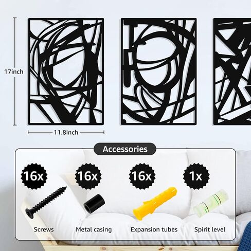 WAKOSAN مجموعة فنية جدارية معدنية سوداء تجريدية، ديكور جداري حديث ثلاثي الأبعاد بتأثير الظل، ديكور فني بسيط بخط واحد، 4 قطع، ديكور جدار لغرفة النوم، غرفة المعيشة، أو الحمام، 11.8 × 17 بوصة (أسود) in Kuwait