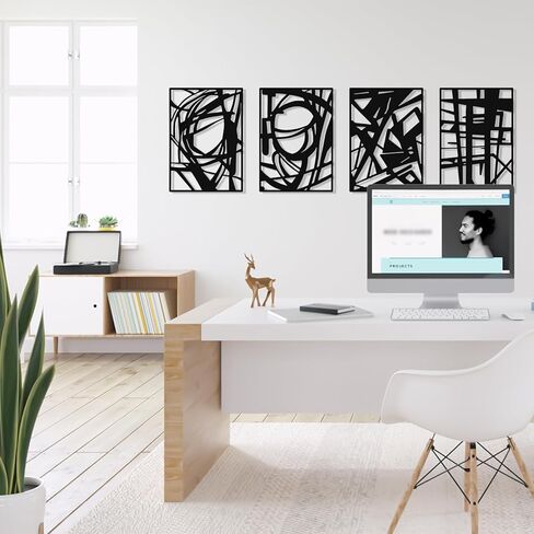 WAKOSAN مجموعة فنية جدارية معدنية سوداء تجريدية، ديكور جداري حديث ثلاثي الأبعاد بتأثير الظل، ديكور فني بسيط بخط واحد، 4 قطع، ديكور جدار لغرفة النوم، غرفة المعيشة، أو الحمام، 11.8 × 17 بوصة (أسود) in Kuwait