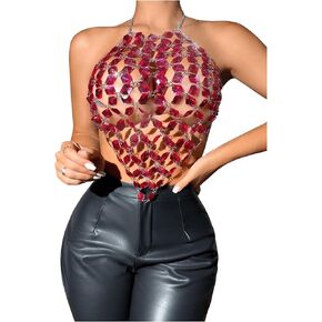 SHENHE Women's Open Back Sexy Diamond Body Top Backless Halter Rave Shirt Club Top