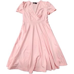 Women's Summer Wrap V Neck Puff Short Sleeve Knee Length Swing Dress with Pockets