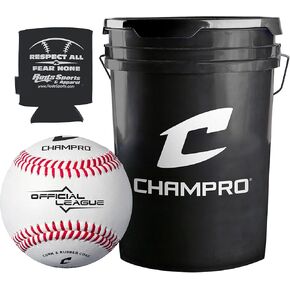 CHAMPRO CBB-40 Genuine Leather Cover Baseballs in a Black Bucket – 30 Balls and one Rods Can Sleeve Included.
