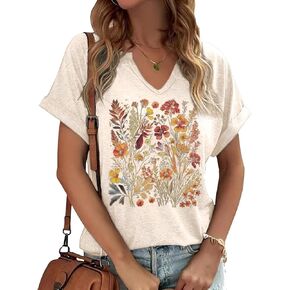 Earlymemb Womens Vintage Flowers V Neck Shirt Boho Floral Wildflowers Graphic Tee Casual Cottagecore Short Sleeve T Shirt