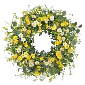 Spring Wreaths for Front Door 22 Inches Silk Daisy Floral Wreaths with Green Eucalyptus Leaves and Lavender for Door Window Wall Wedding Decor