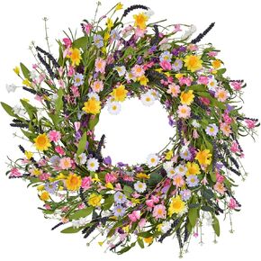 Artificial Daisy Flower Wreath - 23Inch Wildflower Spring Floral Wreath Fake Flower Wreath Spring/Summer Wreath for Front Door Home Decor