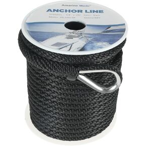 Amarine Made Anchor Line 3/8 Inch 100FT Premium Solid Braid MFP Anchor Line Braided Anchor Rope/Line with Thimble-800kg Breaking Strength (Black, 100ft)