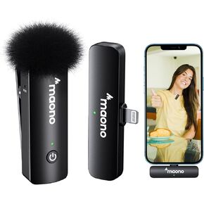 MAONO Wireless Lavalier Microphone for iPhone iPad, MFi Certified, 2.4GHz Wireless Lapel Mic with One Key Noise Cancelling for TikTok, Interview, Vlogging, Live Streaming(WM600 B1)