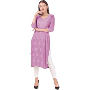 ladyline Womens Rayon Slub Plain Tunic Top Self Chikan Embroidered Round Neck Kurti Kurta
