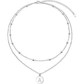 FLYOW S925 Sterling Silver Disc/Heart Initial Layered Choker Necklace Short Dainty Adjustable Lariat Necklaces for Women Girls