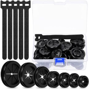 Glarks 61Pcs Firewall Rubber Grommets 7 Size Double Sided Round Drill Hole Rubber Hole Plugs with Reusable Cable Ties for Protecting Cable Wire Hole Plug