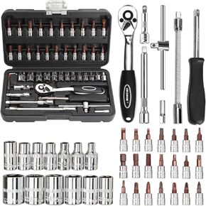 Socket Set, 46PCS 1/4 Inch Wrench Set, Ratchet Wrenches Set with S2 Bits CR-V Sockets Metric & Extension Bar for Automotive Repair & Home Use, Ratchet Set with Hard Storage Case