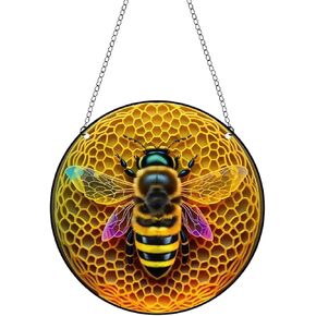 Bee Acrylic Window Hanging,Boneybee Stained Glass Window Hanging Decor Colorful Ornament,Stained Two-Sided Panel Hangings Decoration,Suncatcher for Garden Kitchen Living Room