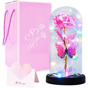 هدايا وردة عيد الأم للأم من ابنتها، زهرة صناعية ملونة وردية على شكل فراشة وردية على شكل جالاكسي هدية مع ديكور LED في قبة زجاجية، أفضل الهدايا إلى الأبد لذكرى عيد الأم الأم in Kuwait