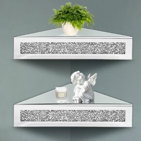 Corner Floating Shelves 2 Sets, Corner Shelf Wall Mounted Crushed Diamond, Corner Shelves Crystal Mirrored, Floating Corner Shelves for Wall