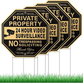4 Pcs Private Property No Trespassing No Soliciting Yard Sign 12 x 12 Inches 24 Hours Video Surveillance Sign with Metal Stake Home Security Signs Warning Signs for Property, Black and Gold