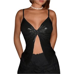 OYOANGLE Women's Metallic Split Hem Crop Cami Top Deep V Neck Twist Front Sleeveless Tank Tops
