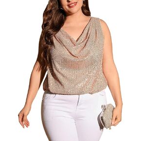Floerns Women's Plus Size Spaghetti Strap Draped Collar Sequin Shiny Tank Top