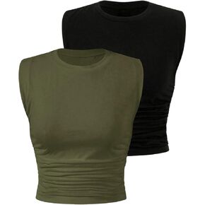 Verdusa Women's 2 Pack Ruched Sleeveless Crew Neck Solid Tank Tops