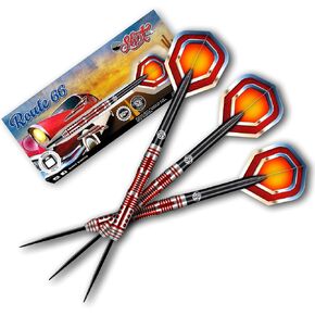 Shot! Darts Steel Tip, Americana Route 66 (23g/24g/25g), 80% Tungsten Barrel, Front weighted, Handcrafted Professional Dart Set & Flights Made in New Zealand, Metal Tip for Bristle Dartboard