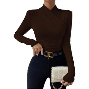 SweatyRocks Women's Ruched Mock Neck Long Sleeve T Shirt Solid Slim Fitted Tee Tops