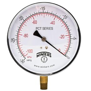 Winters PCT Series Stainless Steel 304 Dual Scale Contractor Pressure Gauge, 30" Hg Vacuum-0-30 psi/kpa, 4-1/2" Dial Display, +/-1% Accuracy, 1/4" NPT Bottom Mount