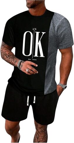 GORGLITTER Men's 2 Piece Track Suits Colorblock Short Sleeve Graphic Tees Drawstring Waist Shorts Sports Outfit in Saudi Arabia