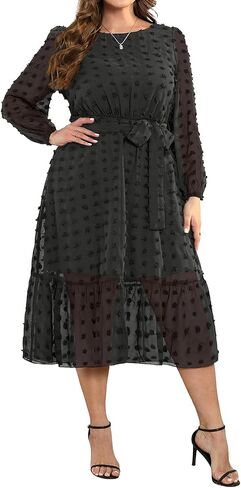 Holipick Women 2024 Spring Plus Size Swiss dot A-Line Long Sleeve Midi Dress Wedding Guest Elegant Flowy Dresses in Saudi Arabia