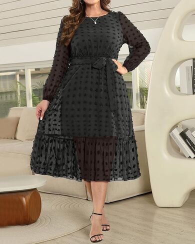 Holipick Women 2024 Spring Plus Size Swiss dot A-Line Long Sleeve Midi Dress Wedding Guest Elegant Flowy Dresses in Saudi Arabia