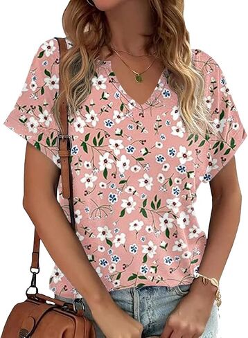 Earlymemb Womens Vintage Flowers V Neck Shirt Boho Floral Wildflowers Graphic Tee Casual Cottagecore Short Sleeve T Shirt in Saudi Arabia