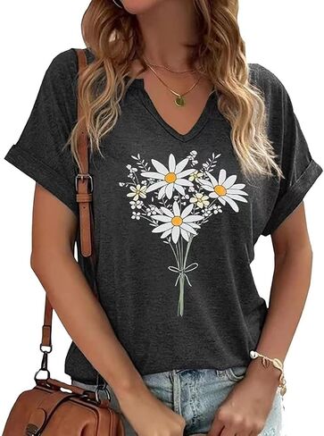 Earlymemb Womens Vintage Flowers V Neck Shirt Boho Floral Wildflowers Graphic Tee Casual Cottagecore Short Sleeve T Shirt in Saudi Arabia