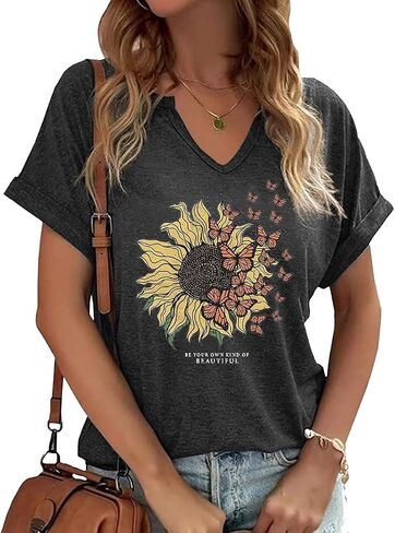 Earlymemb Womens Vintage Flowers V Neck Shirt Boho Floral Wildflowers Graphic Tee Casual Cottagecore Short Sleeve T Shirt in Saudi Arabia
