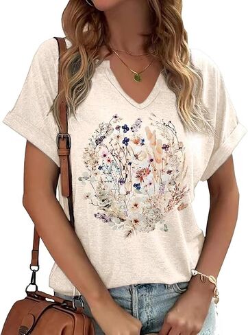 Earlymemb Womens Vintage Flowers V Neck Shirt Boho Floral Wildflowers Graphic Tee Casual Cottagecore Short Sleeve T Shirt in Saudi Arabia