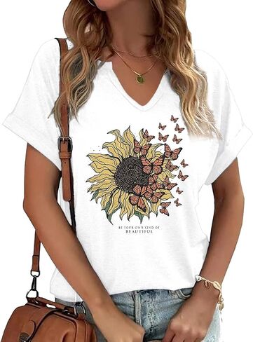 Earlymemb Womens Vintage Flowers V Neck Shirt Boho Floral Wildflowers Graphic Tee Casual Cottagecore Short Sleeve T Shirt in Saudi Arabia