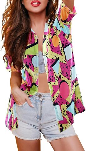 Arssm 80s 90s Shirts for Women Retro Vintage Party Disco Outfits Costume Hawaiian Button Down Blouses Tees Tops in Kuwait