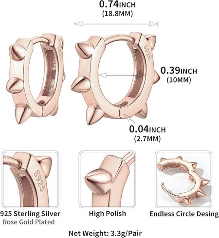 ChicSilver 925 Sterling Silver Cubic Zirconia Small Huggie Hoop Earrings for Women, Diameter 10MM, Silver/Gold/Rose Gold in Kuwait