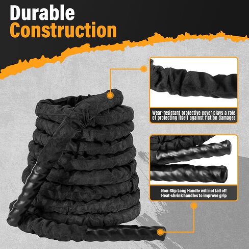 حبال المعركة لصالة الألعاب الرياضية المنزلية، حبل المعركة بطول 1.5 بوصة بطول 30 قدمًا، حبال تمرين ثقيلة للتمرين، لحبل تدريب القوة، لبناء حبال صالة الألعاب الرياضية للعضلات (1.5 بوصة - 30TF) in Kuwait