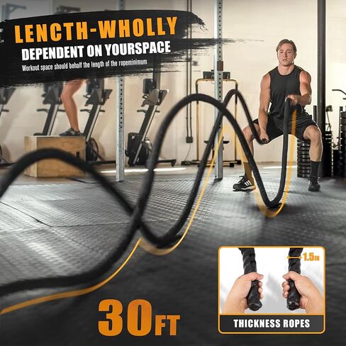 حبال المعركة لصالة الألعاب الرياضية المنزلية، حبل المعركة بطول 1.5 بوصة بطول 30 قدمًا، حبال تمرين ثقيلة للتمرين، لحبل تدريب القوة، لبناء حبال صالة الألعاب الرياضية للعضلات (1.5 بوصة - 30TF) in Kuwait