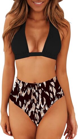 ملابس السباحة النسائية المثيرة ذات الخصر العالي 2 قطعة بيكيني هالتر مطبوع لباس السباحة in Kuwait